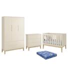 Dormitório Infantil Classic 3 Portas, Cômoda 3 Gavetas, Berço com Pés Madeira Natural e Colchão - Reller Móveis