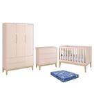 Dormitório Infantil Classic 3 Portas, Cômoda 3 Gavetas, Berço Rosa Fosco com Pés Madeira Natural e Colchão - Reller Móveis