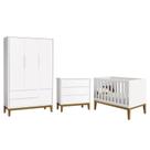 Dormitório Infantil Classic 3 Portas, Cômoda 3 Gavetas e Berço Branco Fosco com Pés Amadeirado - Reller Móveis