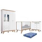 Dormitório Infantil Confete Guarda Roupa, Cômoda, Berço Branco/Jequitibá com Colchão - Móveis Henn
