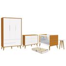Dormitório Infantil Theo 3 Portas, Cômoda 6 Gavetas, Berço, Mesa de Canto com Pés Amadeirado e Colchão - Reller Móveis