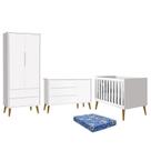 Dormitório Infantil Theo Retrô 2 Portas, Cômoda 1 Porta, Berço Branco com Pés Amadeirado e Colchão - Reller Móveis