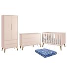 Dormitório Infantil Theo Retrô 2 Portas, Cômoda 1 Porta, Berço Rosa com Pés Amadeirado e Colchão - Reller Móveis Dormitório Infantil Theo Retrô 2 Portas, Cômoda 1 Porta, Berço Rosa com Pés Amadeirado e Colchão - Reller Móveis