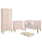 Dormitório Infantil Theo Retrô 2 Portas, Cômoda, Berço Rosa com Pés Amadeirado e Colchão D18 - Reller Móveis