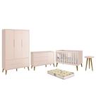 Dormitório Infantil Theo Retrô 3 Portas, Cômoda 1 Porta, Berço, Mesa de Apoio Rosa com Pés Amadeirado e Colchão D18 - Reller Móveis