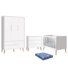 Dormitório Infantil Theo Retrô 3 Portas, Cômoda, Berço Branco Fosco com Pés Madeira Natural e Colchão - Reller Móveis Dormitório Infantil Theo Retrô 3 Portas, Cômoda, Berço Branco Fosco com Pés Madeira Natural e Colchão - Reller Móveis