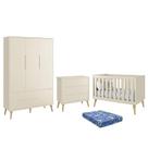 Dormitório Infantil Theo Retrô 3 Portas, Cômoda, Berço com Pés Madeira Natural e Colchão - Reller Móveis Dormitório Infantil Theo Retrô 3 Portas, Cômoda, Berço com Pés Madeira Natural e Colchão - Reller Móveis