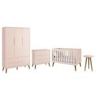 Dormitório Infantil Theo Retrô 3 Portas, Cômoda, Berço e Mesa de Apoio Rosa com Pés Amadeirado - Reller Móveis