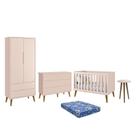 Dormitório Theo 2 Portas, Cômoda 6 Gavetas, Berço, Mesa de Canto Rosa Fosco com Pés Amadeirado e Colchão - Reller Móveis