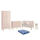Dormitório Theo 2 Portas, Cômoda 6 Gavetas, Berço, Mesa de Canto Rosa Fosco com Pés Madeira Natural e Colchão - Reller Móveis