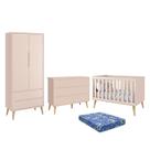 Dormitório Theo 2 Portas, Cômoda 6 Gavetas, Berço Rosa Fosco com Pés Madeira Natural e Colchão - Reller Móveis Dormitório Theo 2 Portas, Cômoda 6 Gavetas, Berço Rosa Fosco com Pés Madeira Natural e Colchão - Reller Móveis