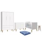 Dormitório Theo 3 Portas, Cômoda 6 Gavetas, Berço, Mesa de Canto Branco Fosco com Pés Amadeirado e Colchão - Reller Móveis Dormitório Theo 3 Portas, Cômoda 6 Gavetas, Berço, Mesa de Canto Branco Fosco com Pés Amadeirado e Colchão - Reller Móveis