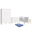 Dormitório Theo 3 Portas, Cômoda 6 Gavetas, Berço, Mesa de Canto Branco Fosco com Pés Madeira Natural e Colchão - Reller Móveis