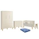 Dormitório Theo 3 Portas, Cômoda 6 Gavetas, Berço, Mesa de Canto com Pés Amadeirado e Colchão - Reller Móveis