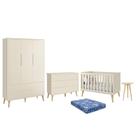 Dormitório Theo 3 Portas, Cômoda 6 Gavetas, Berço, Mesa de Canto com Pés Madeira Natural e Colchão - Reller Móveis