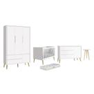 Dormitório Theo 3 Portas, Mesa de Canto Branco com Pés Madeira Natural e Colchão D18 - Reller Móveis