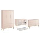Dormitório Theo 3 Portas Rosa com Pés Madeira Natural e Colchão D18 Branco - Reller Móveis