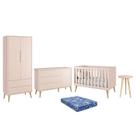 Dormitório Theo Retrô 2 Portas, Cômoda 1 Porta, Berço, Mesa de Apoio Rosa Fosco com Pés Madeira Natural e Colchão - Reller Móveis Dormitório Theo Retrô 2 Portas, Cômoda 1 Porta, Berço, Mesa de Apoio Rosa Fosco com Pés Madeira Natural e Colchão - Reller Móveis