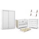 Dormitório Tutto New 2 Portas, Cômoda, Berço Branco Soft com Capitonê, Prateleiras e Colchão D18 - Matic Móveis