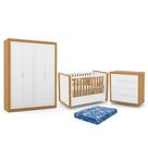 Dormitório Tutto New 4 Portas, Cômoda 4 Gavetas e Berço Branco Soft/Freijó com Colchão - Matic Móveis