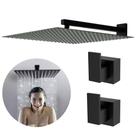 Ducha Chuveiro Inox 30x30 Preto Fosco Braço 38 Cm Para Aqueçedor Solar ou Gás + 2 Acabamento