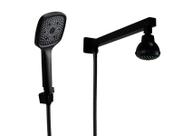 Ducha Flatt em ABS Preto Fosco 7 cm Redondo com Cano Quadrado de Parede e Chuveirinho Manual com Trava Ducha Flatt em ABS Preto Fosco 7 cm Redondo com Cano Quadrado de Parede e Chuveirinho Manual com Trava