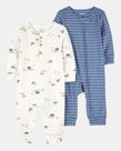 Dupla Macacao Pijama Bebe Prematuro Carters Algodao Ziper Azul-turquesa Listras E Estampado 6m -