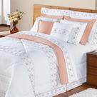 Edredom + Jogo de Cama 200 Fios Damasco King 15 Peças 100% Poliéster - Branco/Salmao