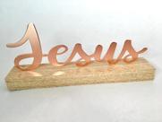 Enfeite Decorativo Jesus Metal Rosé com Base em Madeira 20x8cm