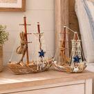 Enfeite Decorativo Náutico Barquinho para Casa de Praia e Mesa Kit 2 Peças Marrom em Madeira