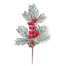 Enfeite galho pinha folhas e frutas vermelho verde 33cm natalino natal árvore decoração nevado 1103167