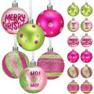 Enfeites de Natal em Forma de Bola 6 cm Rosa e Verde com Glitter 12 Peças