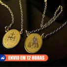 Escapulário Aço Inox Dourada Oval Jesus de Proteção Abençoado