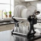 Escorredor de Louça 12 Pratos Preto em aço Inox Alto com Porta Talher Cozinha Organizador Pia
