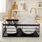 Escorredor De Louça De Pia Com Bandeja E Alça De Bambu Preto