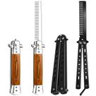 Escova de cabelo de bolso Chengu, 2 peças, pente, escova de cabelo de grão de madeira, escova automática com botão de pressão e pente de treinamento dobrável em aço inoxidável borboleta para exercícios ao ar livre (preto)