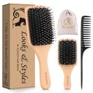 Escova de cabelo Sosoon Boar Bristle Paddle, pacote com 2 pentes e bolsa