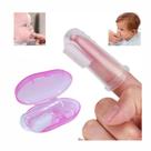 Escova De Dente Massageadora De Dedo Bebê Silicone C/ Estojo Rosa