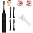 Escova Dental Oral Elétrica Com 4 Cabeças Ultra-Sônica Recarregável Carregamento USB Automática 6 Funções Cor Preta