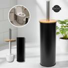 Escova Sanitária Banheiro Metal Preta Luxo Suporte Bambu Inox Vaso Sanitário Moderna Kit Limpeza