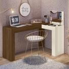 Escrivaninha De Canto Com Penteadeira Jade Com Nicho Espelho Porta Basculante Design Moderno - Freijo - Off White