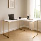 Escrivaninha Mesa Em L Industrial Pés De Ferro Moderna Para Computador Max 150x150cm - JM3 Móveis Cor:Freijó/Dourado
