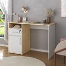 Escrivaninha Mesa Escritório Compacta Para Home Office Com Com Chave E Hall 1 Gaveta 1 Porta 1 Nicho 110cm Carvalho E Branco