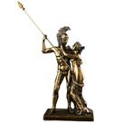 Escultura antiga em resina de bronze, guerreiro e musa gregos, 38 cm