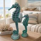 Escultura Cavalo Marinho Verde Decorativo Em Resina Kit 2pçs