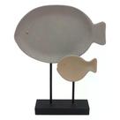 Escultura decor de metal com formato de peixes azul e cinza