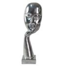 Escultura Decorativa Prateada Rosto Mulher Apoiado Sobre Mão