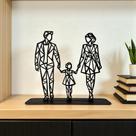 Escultura Família Casal com Filha em MDF Pintado Preto Arte Geométrica Minimalista