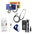 Esfigmo Com Esteto, Garrote Elastano Azul, Termômetro Axilar Branco e OTC Missouri Preto