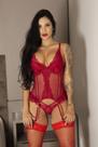 Espartilho Poá Completo Vermelho Sensual Com Calcinha Ligas e Meia Luxo